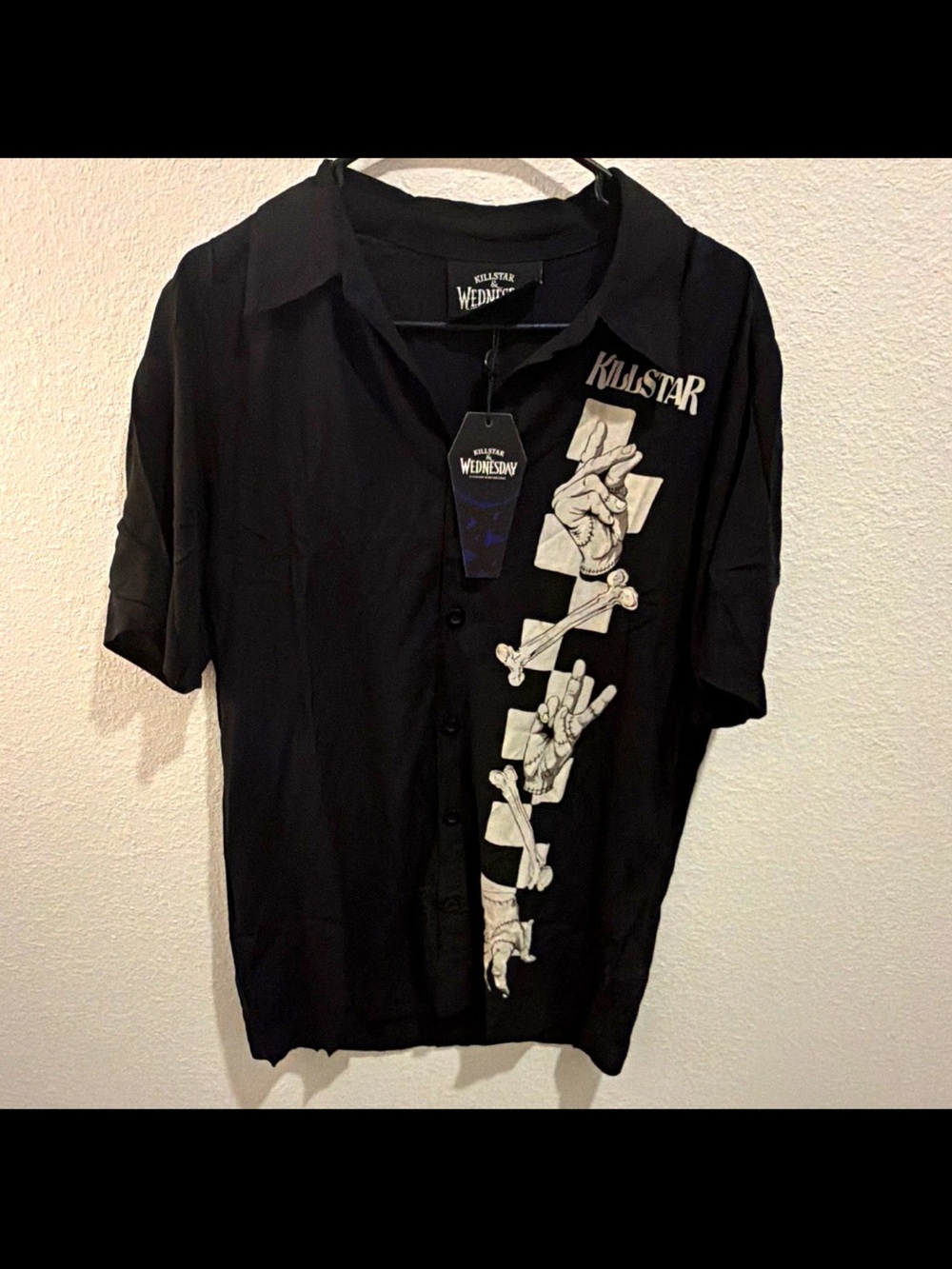Killstar Wednesday Collab Black Short-Sleeve Button-Up Shirt with Graphic Size S